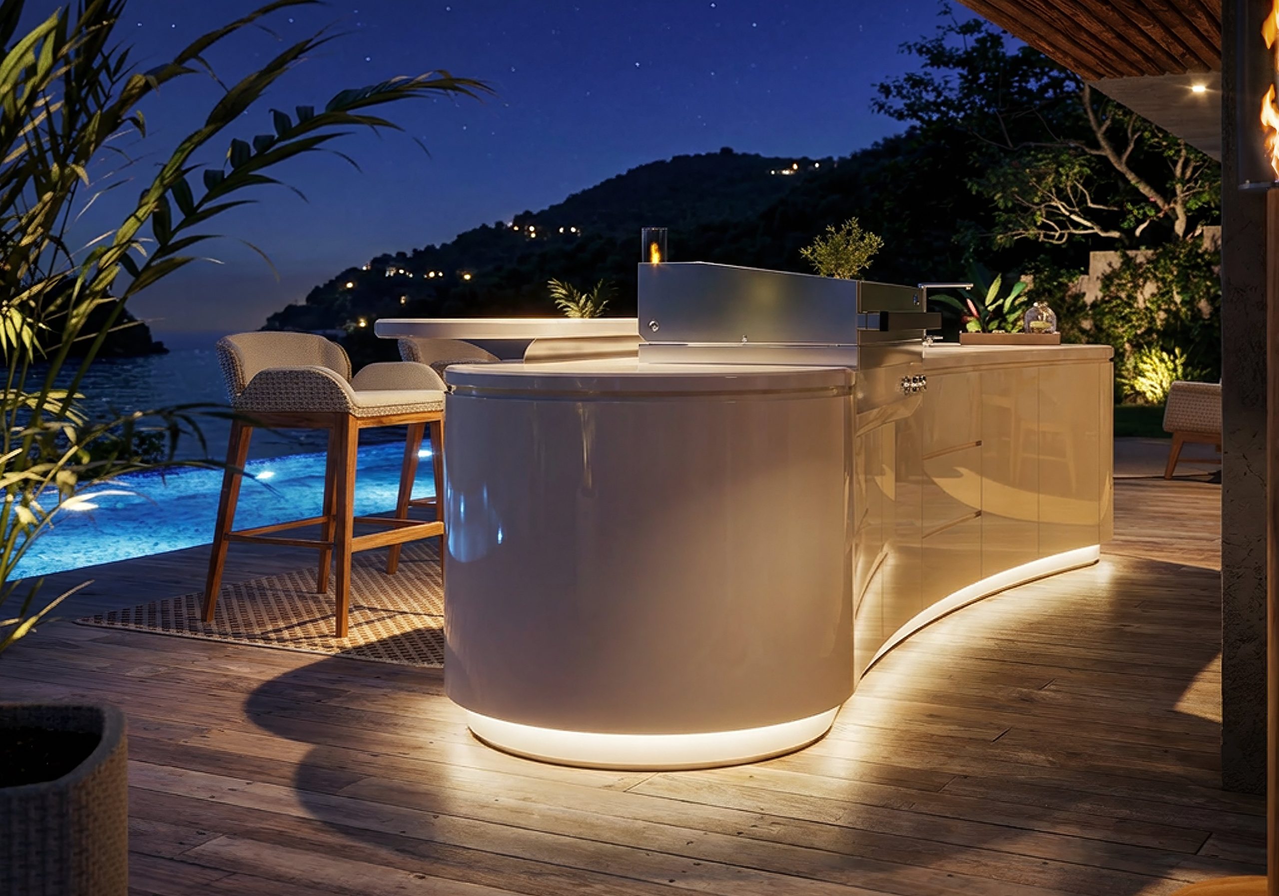 Luxus-Outdoor-Kueche bei Nacht am Pool mit LED-Beleuchtung - SiO2 Outdoor Kitchen FORAS